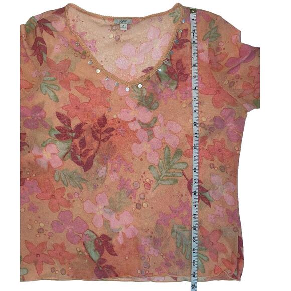 J. Jill Sheer Mesh Top Y2K Floral Top Embellished Peach Size Large - Picture 6 of 6